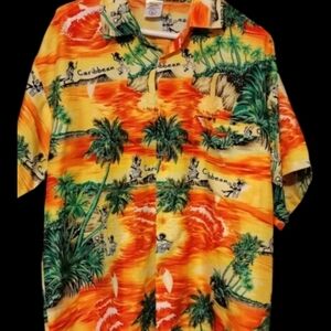 Caribbean Bright Yellow & Orange Tropical Palm Short-Sleeve Shirt